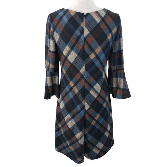 JH! BOLD PLAID NAVY, RUST, WHITE BELL SLEEVE SHIFT STYLE DRESS, SO PRETTY! SZ 8 - Picture 5 of 10